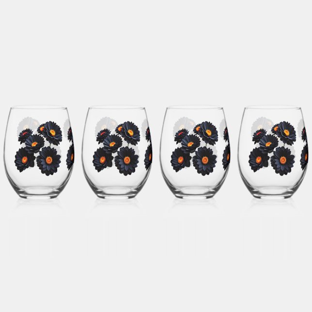 Black velvet flowers  stemless wine glass (Front)