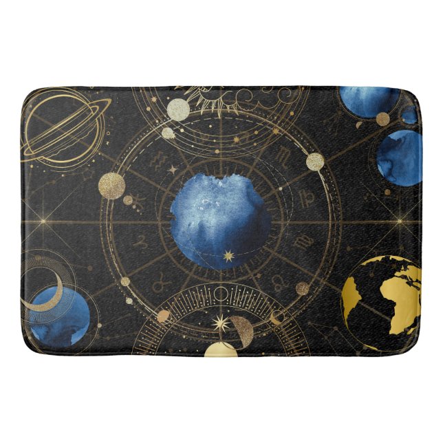 Black Velvet Gold Celestial Astrology Bath Mat (Front)