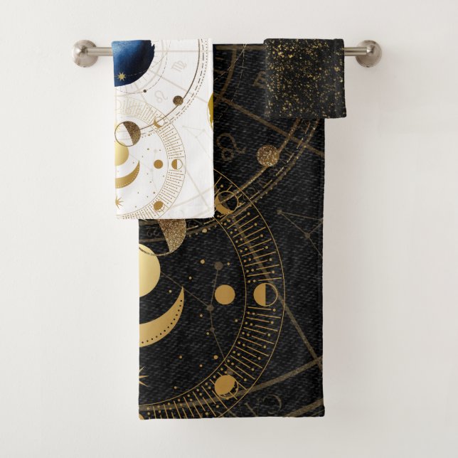 Black Velvet Gold Celestial Astrology Bath Towel Set (Insitu)