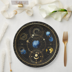 Black Velvet Gold Celestial Astrology Paper Plate