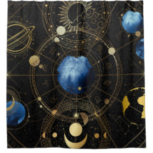 Black Velvet Gold Celestial Astrology Shower Curtain
