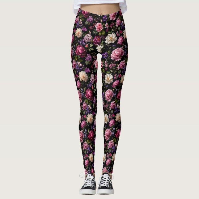 Black Velvet Rose Leggings (Front)