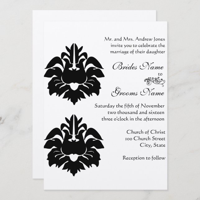 Black Victorian Damask Wedding Invitation (Front/Back)