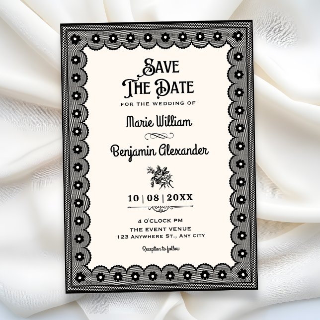 Black victorian lace wedding save the date (Creator Uploaded)