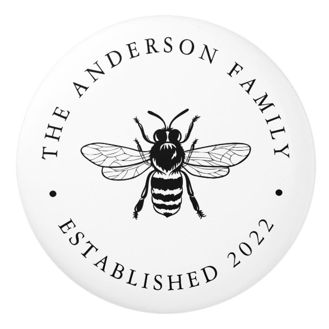 Black | Vintage Bee Illustration Personalised Ceramic Knob (Front)