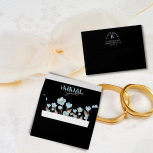 Black Vintage Blue Watercolor Floral Bridal Shower Envelope