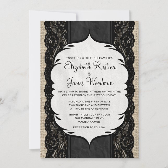 Black Vintage Burlap & Lace Wedding Invitations (Front)