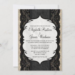 Black Vintage Burlap & Lace Wedding Invitations