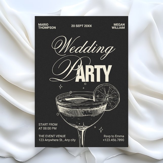 Black vintage cocktail wedding party invitation (Creator Uploaded)