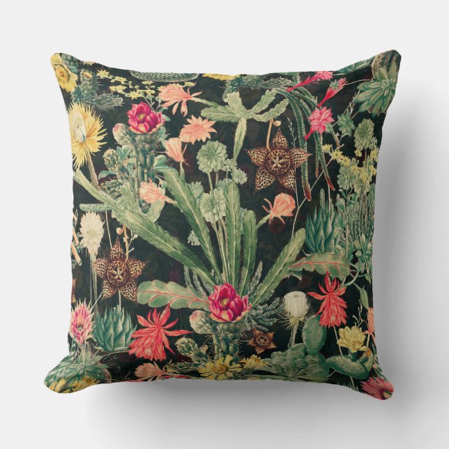 Black Vintage Colourful Cactus Cushion (Front)