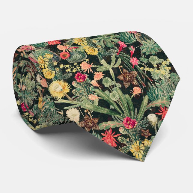 Black Vintage Colourful Cactus Tie (Rolled)