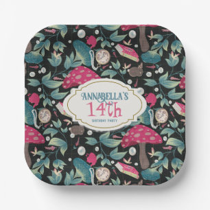 Black Vintage Cottagecore Mushroom Birthday Paper Plate