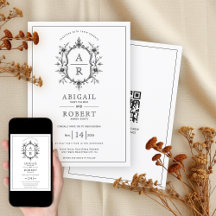 Black vintage crest monogram QR code wedding