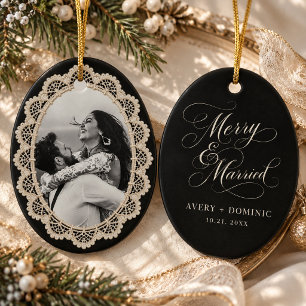 Black Vintage Crochet Lace Photo Merry Married Ceramic Tree Decoration