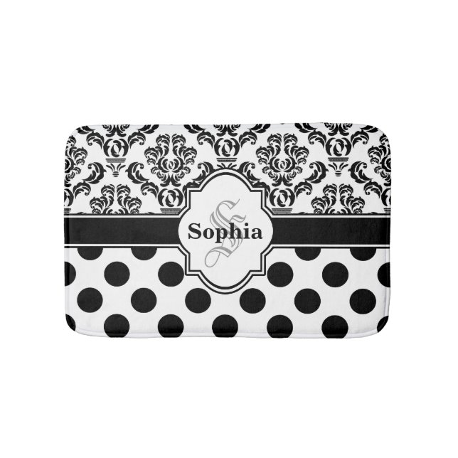 Black Vintage Damask Cute Polka Dots Bath Mat (Front)