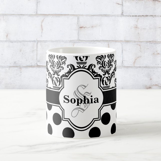 Black Vintage Damask Cute Polka Dots Coffee Mug (Creator Uploaded)