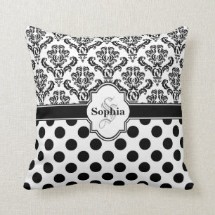 Black Vintage Damask Cute Polka Dots Cushion