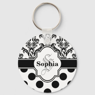 Black Vintage Damask Cute Polka Dots Key Ring