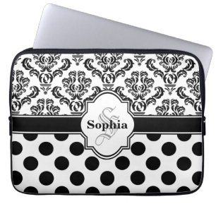 Black Vintage Damask Cute Polka Dots Laptop Sleeve