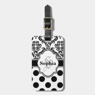 Black Vintage Damask Cute Polka Dots Luggage Tag