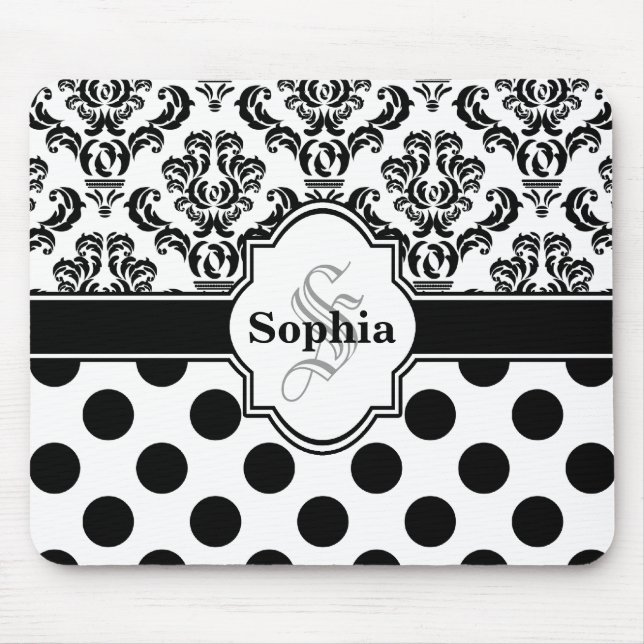 Black Vintage Damask Cute Polka Dots Mouse Pad (Front)