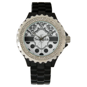 Black Vintage Damask Cute Polka Dots Watch