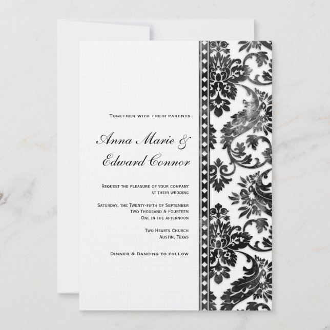 Black Vintage Damask Lace Wedding Invitation (Front)