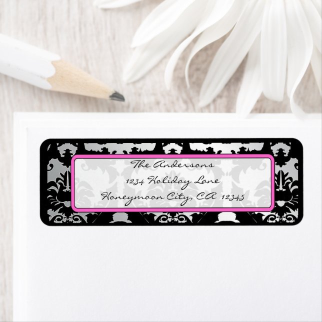 Black Vintage Damask Pink & Silver Address Label (Insitu)