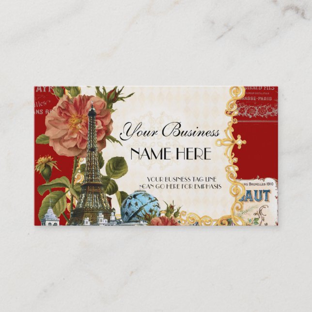 Black Vintage Eiffel Tower Rose Elegant Business Card (Front)