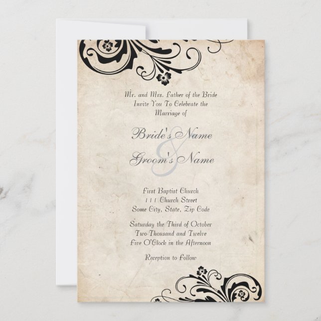 Black Vintage Floral Chic Wedding Invitation (Front)