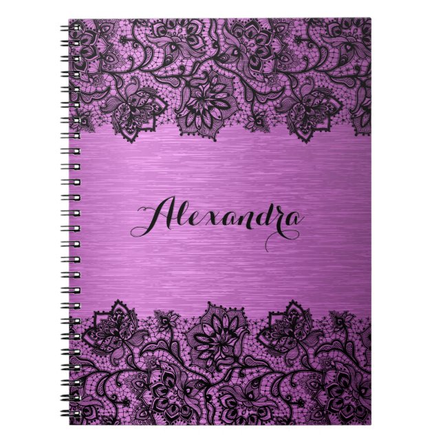 Black vintage floral lace metallic background notebook (Front)
