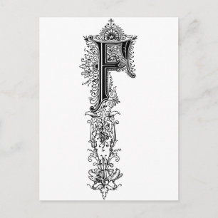 Black Vintage Floral Monogram F Initial Letter Postcard