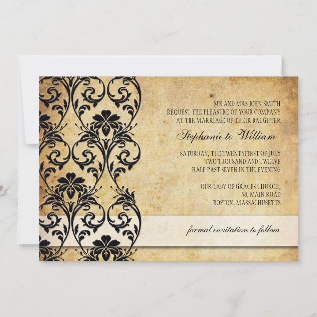 Black Vintage Floral Swirl Wedding Invitation (Front)
