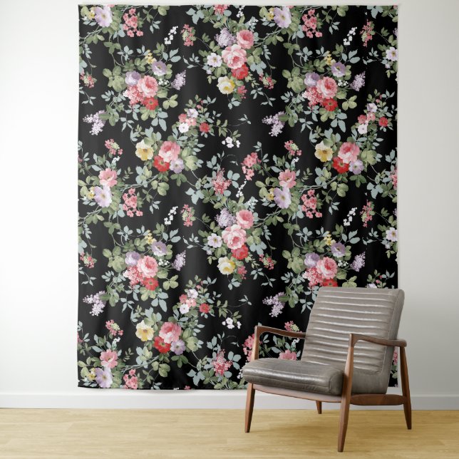 Black Vintage Floral Tapestry (In Situ)