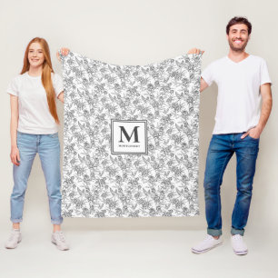 Black Vintage Floral Toile de Jouy Monogram Fleece Blanket