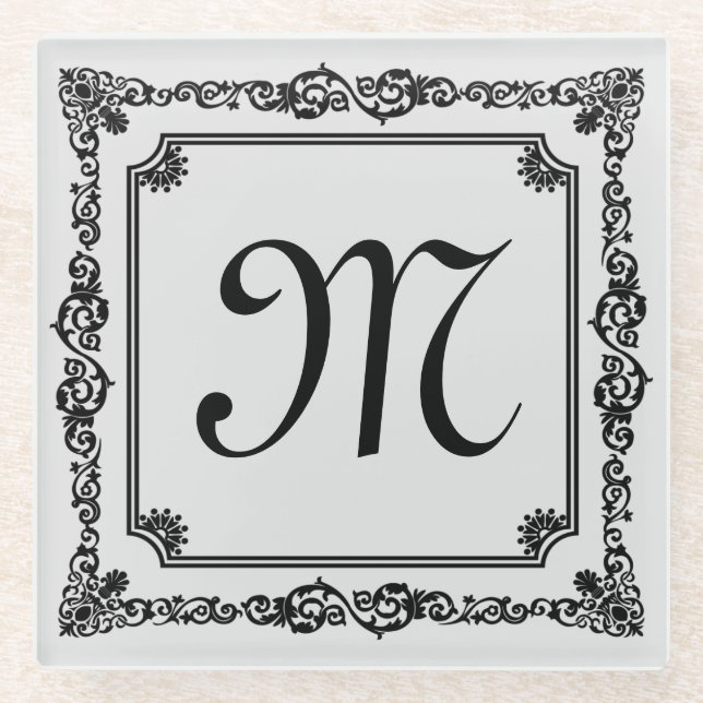 Black Vintage Frame Custom Monogram Glass Coaster (Front)