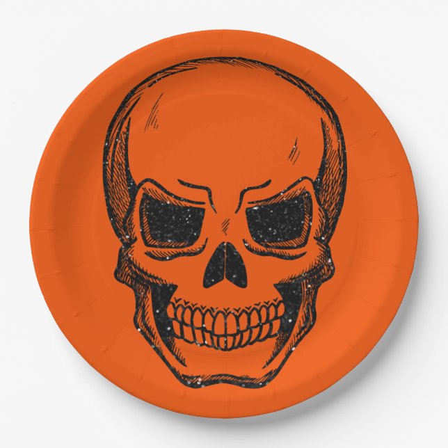 Black Vintage Glitter Skull Halloween Paper Plate (Front)
