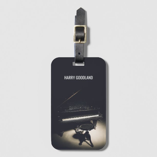 Black vintage grand piano  luggage tag (Front Vertical)