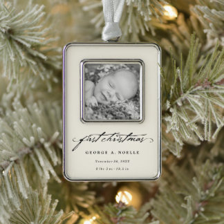 Black Vintage Handwriting Baby 1st Christmas Photo Silver Plated Framed Ornament