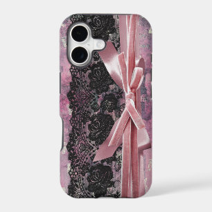 Black vintage lace -dots- pink ribbon