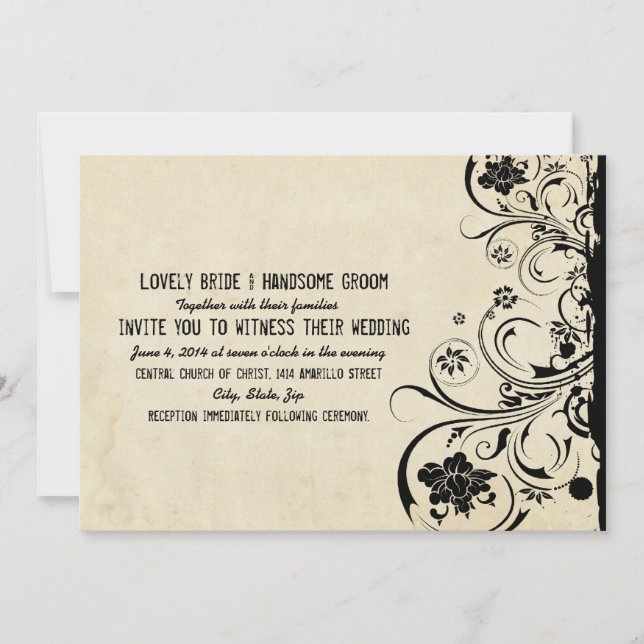 Black Vintage Lace on Parchment Wedding Invitation (Front)