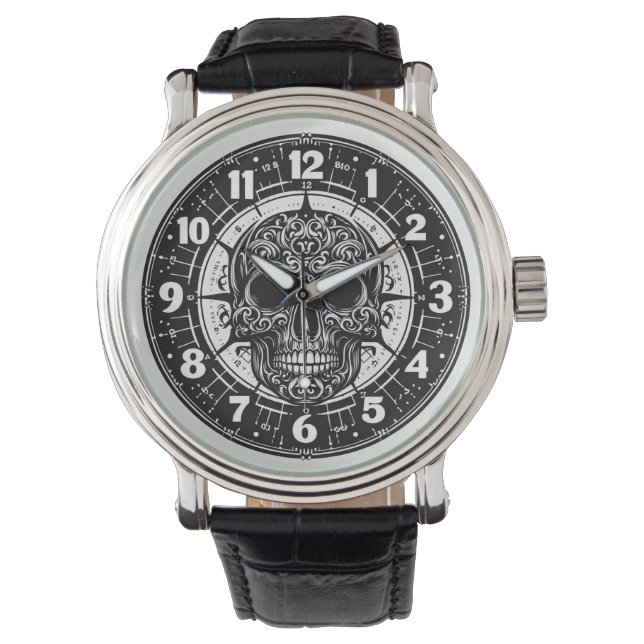  Black Vintage Leather Gothic Skull Watch (Front)