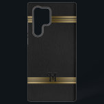 Black Vintage Leather Texture Gold Stripes Samsung Galaxy Case<br><div class="desc">Image of a vintage black leather texture background accented with gold stripes. Optional Monogram.</div>