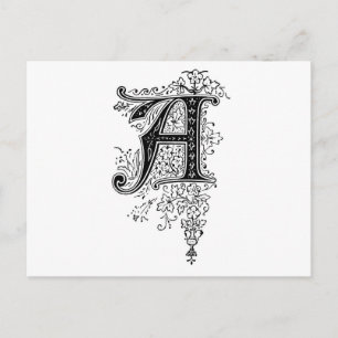 Black Vintage Monogram A Script Floral Postcard