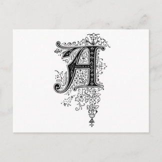 Black Vintage Monogram A Script Floral Postcard