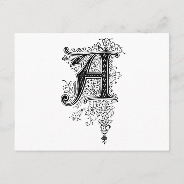 Black Vintage Monogram A Script Floral Postcard (Front)
