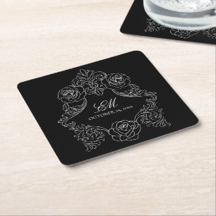 Black Vintage Monogram Crest Wedding Logo Square Paper Coaster
