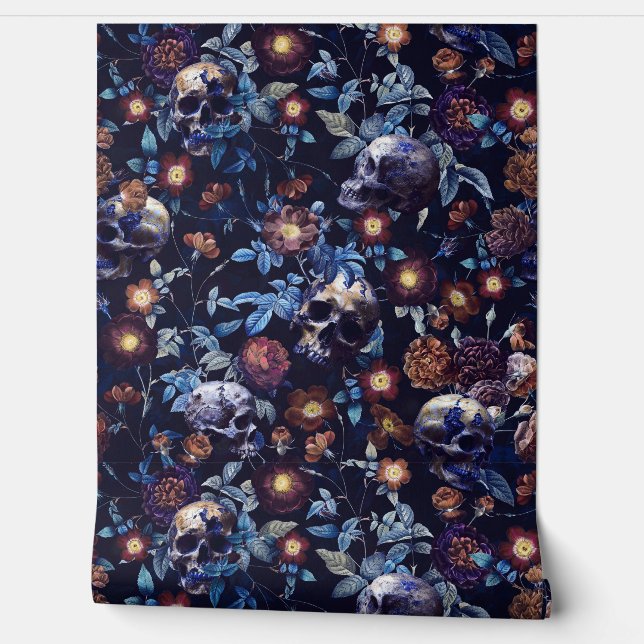 Black Vintage Mystic Skull And Roses Garden Wallpaper (Unrolling)