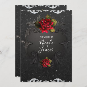 Black Vintage Ornamental Red Roses Wedding Invitation