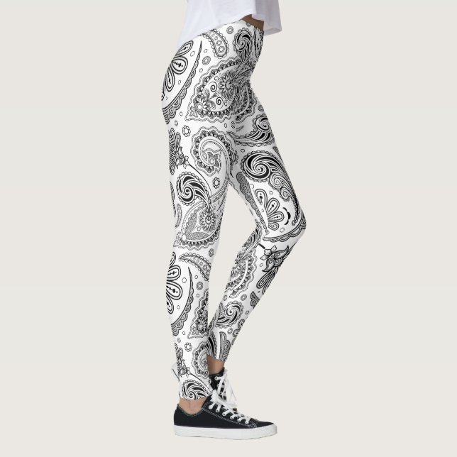 Black vintage paisley pattern on white leggings (Right)